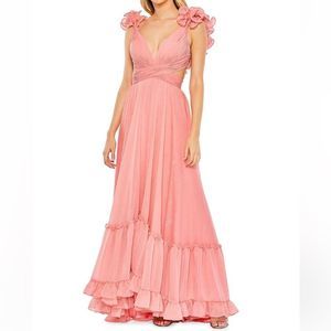 Mac Duggal 68094 Coral Pink Ruffled A-Line Plunge Neck Cocktail Formal Gown Sz 2